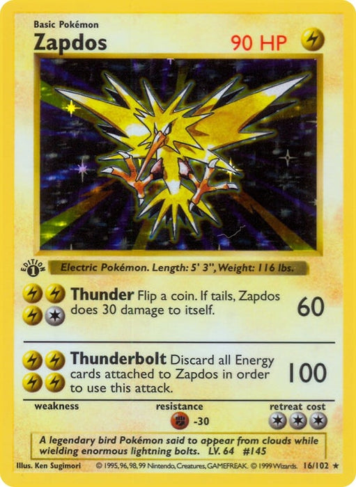 Image for Zapdos (016/102) (Unlimited Holofoil) [Base Set (Shadowless)] - Pokemon