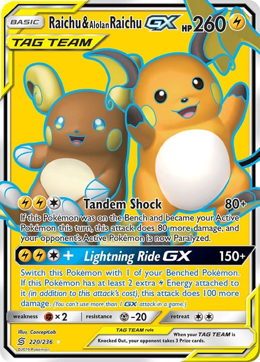 Image for Raichu & Alolan Raichu GX (Full Art) (220/236) (Holofoil) [SM - Unified Minds] - Pokemon