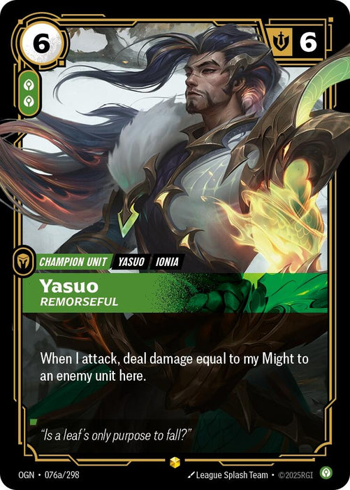 Image for Yasuo - Remorseful (Alternate Art) (076a/298) (Foil) [Origins] - Riftbound: League of Legends Trading Card Game