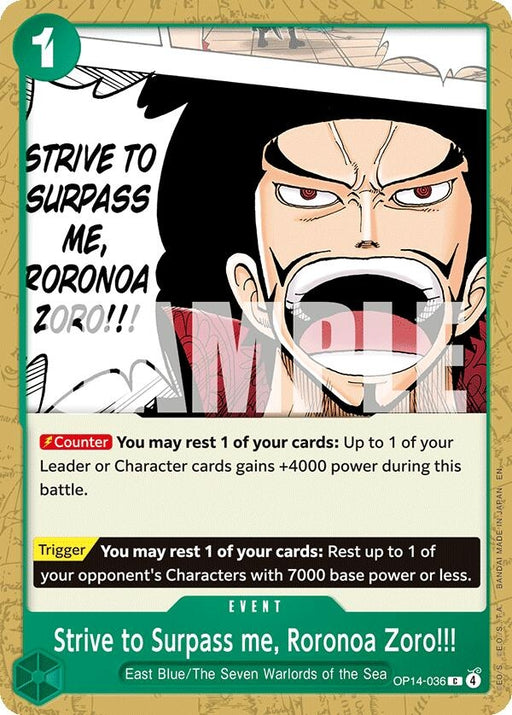 Image for Strive to Surpass me, Roronoa Zoro!!! (OP14-036) [The Azure Sea's Seven] - One Piece Card Game