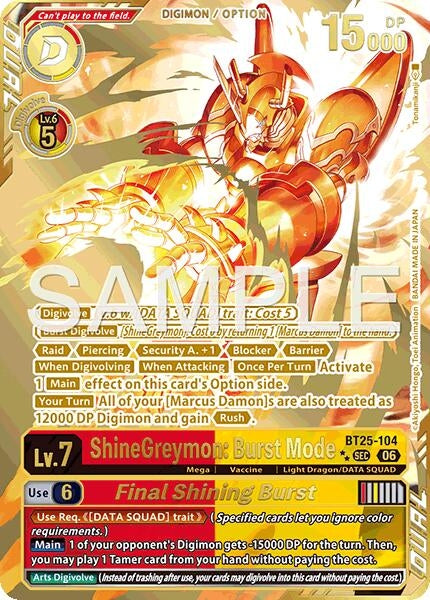 Image for ShineGreymon: Burst Mode // Final Shining Burst (Rare Pull) (BT25-104 SEC) (Foil) [Dual Revolution] - Digimon Card Game