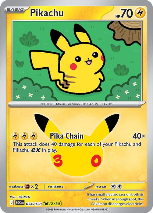 Image for Pikachu (034/128) (Holofoil) [ME: 30th Celebration] (30C) - Pokemon