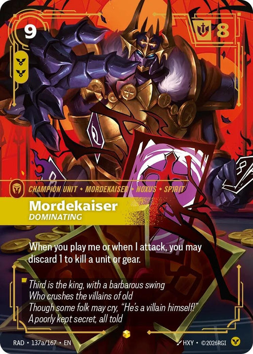 Image for Mordekaiser, Dominating (Alternate Art) (137a/167) (Foil) [Radiance] (RAD) - Riftbound: League of Legends Trading Card Game