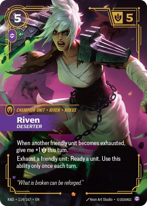 Image for Riven, Deserter (114/167) (Foil) [Radiance] (RAD) - Riftbound: League of Legends Trading Card Game