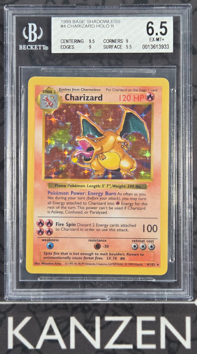 BGS 6.5 - Charizard - Shadowless Base Set Unlimited - #4 - 0013613933